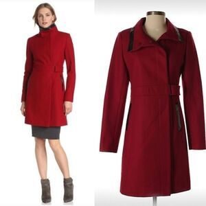 Via Spiga Red Wool Blend Black Faux Leather Belted Midi Trench Coat Peacoat 10